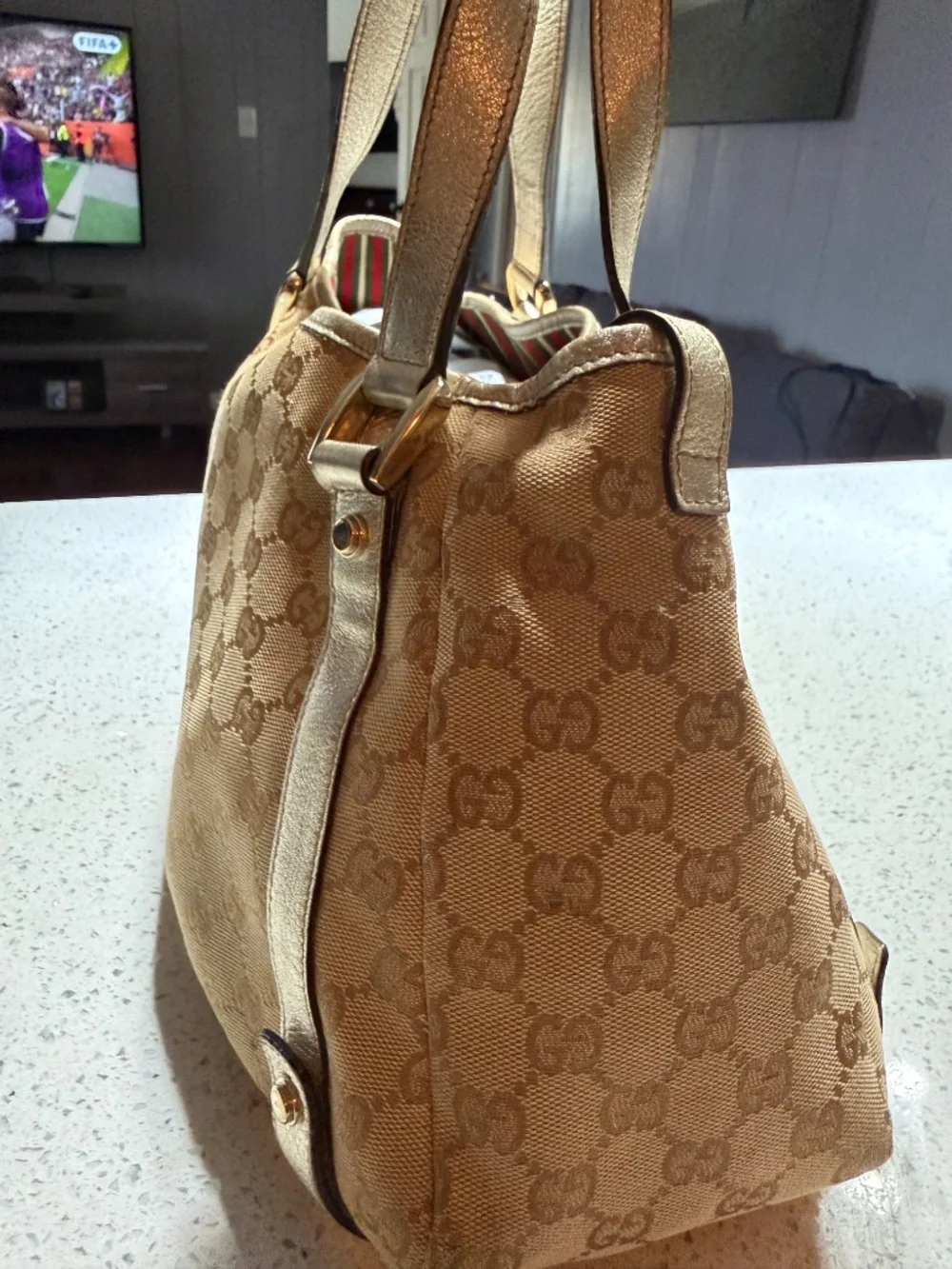 Gucci GG Canvas Shoulder Bag Gold Leather Straps Beige Monogram Web Stripe Authe
